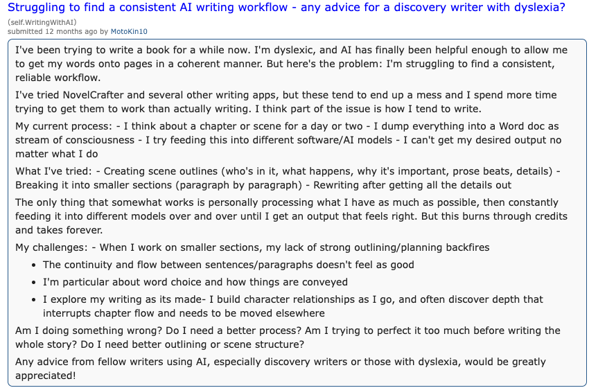 A writer describing inconsistent AI writing workflow problems, tool switching, weak outlining, and lost time