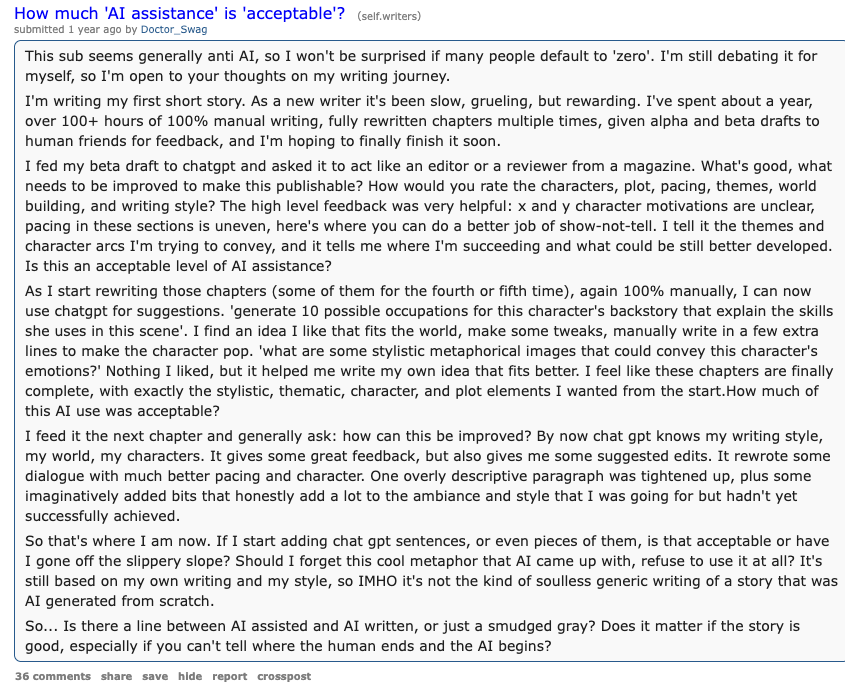 Writer asking where AI assistance ends and AI-written work begins while using an assistant for feedback, suggestions, and manual revisions