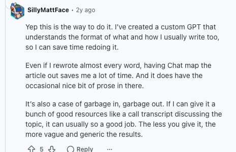 Comment about giving AI good resources and call transcripts so the results are less vague and generic