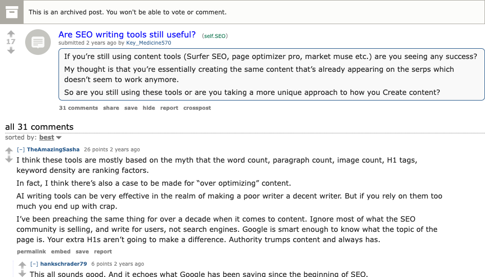 Public SEO discussion questioning whether AI SEO writing tools still create unique enough content to succeed
