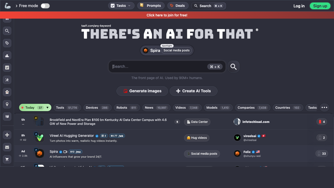 There's An AI For That homepage showing task search, tool categories, and trending AI tool listings