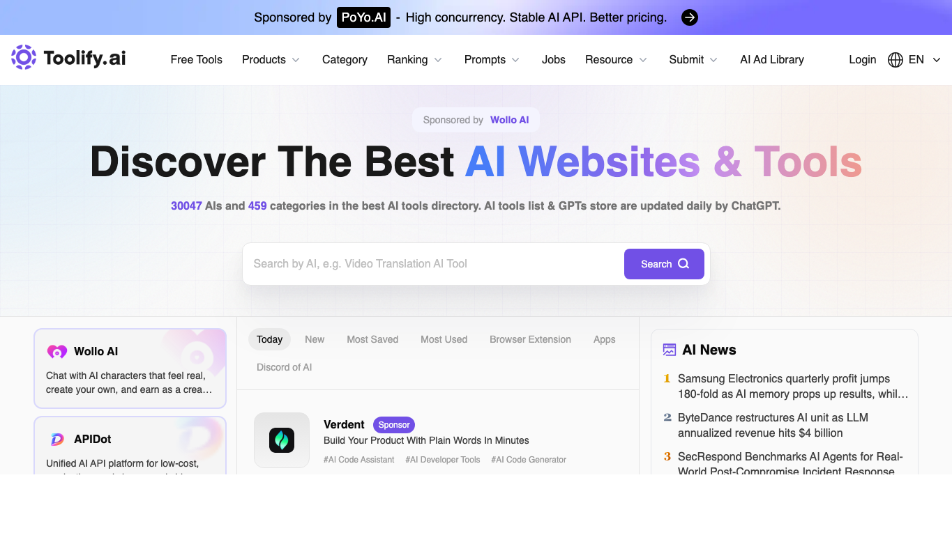 Toolify AI tools directory homepage with search, rankings, categories, and AI news panels