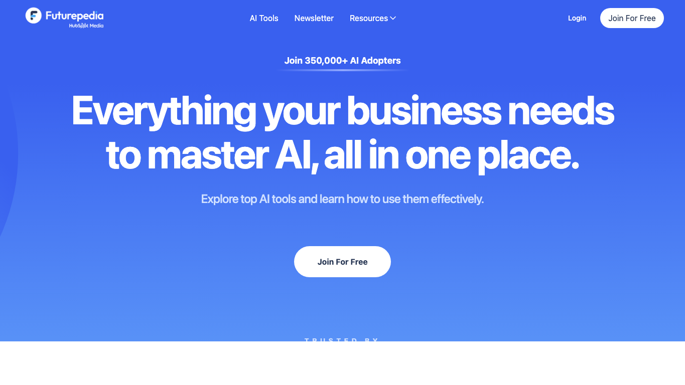 Futurepedia homepage presenting business-focused AI tool discovery and learning resources
