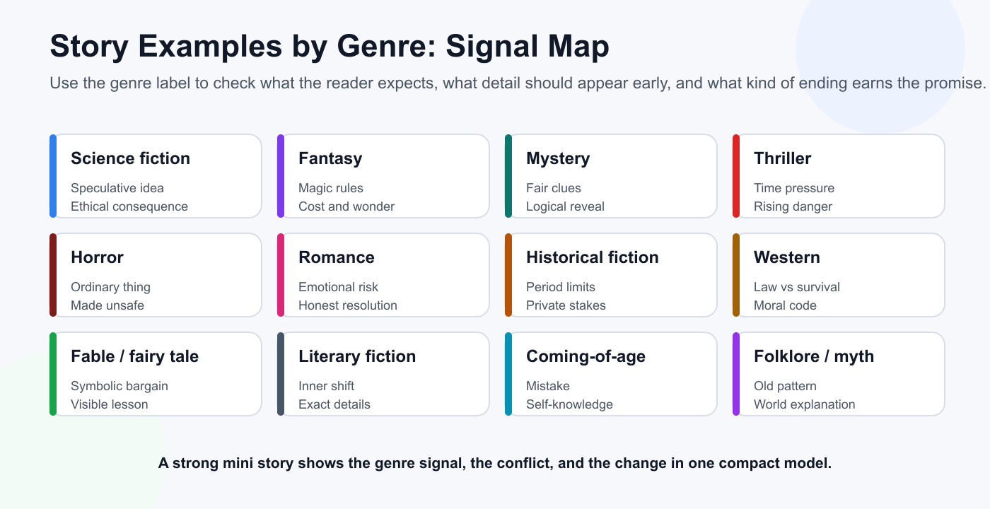 Story examples by genre signal map showing the reader promise and writing focus for 12 genres