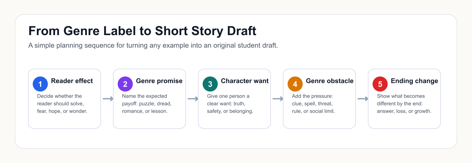 Short story draft workflow moving from reader effect to genre promise, character want, obstacle, and ending change