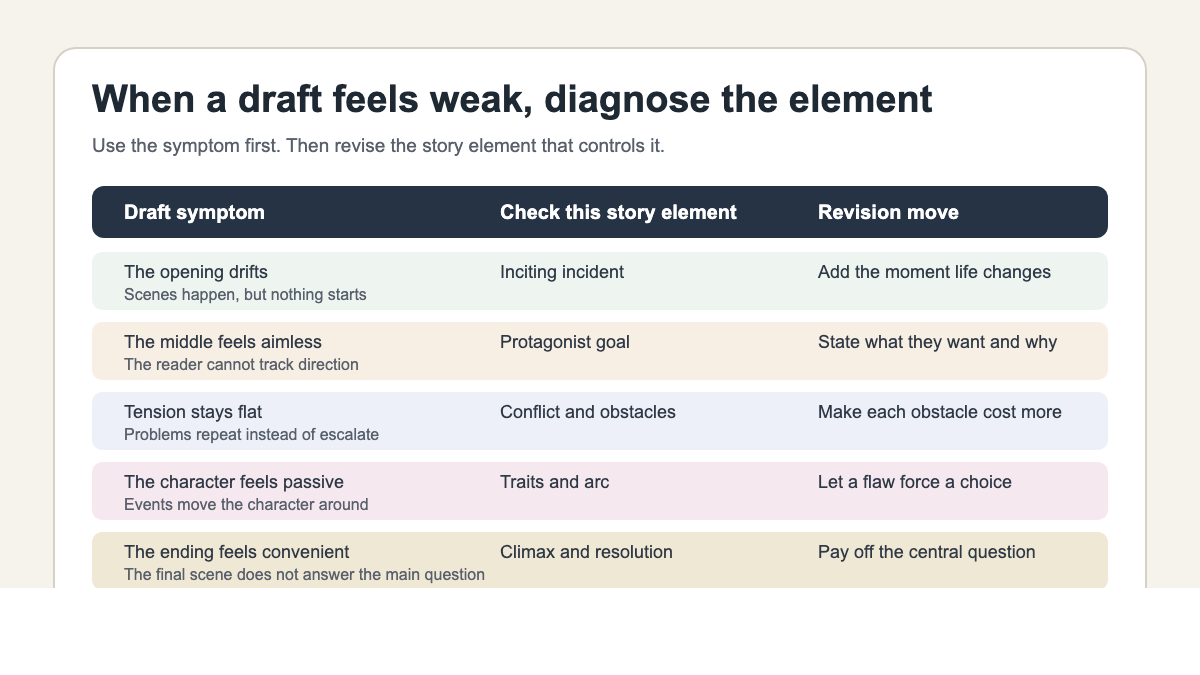 Story elements revision diagnostic grid matching weak draft symptoms to the element writers should check first
