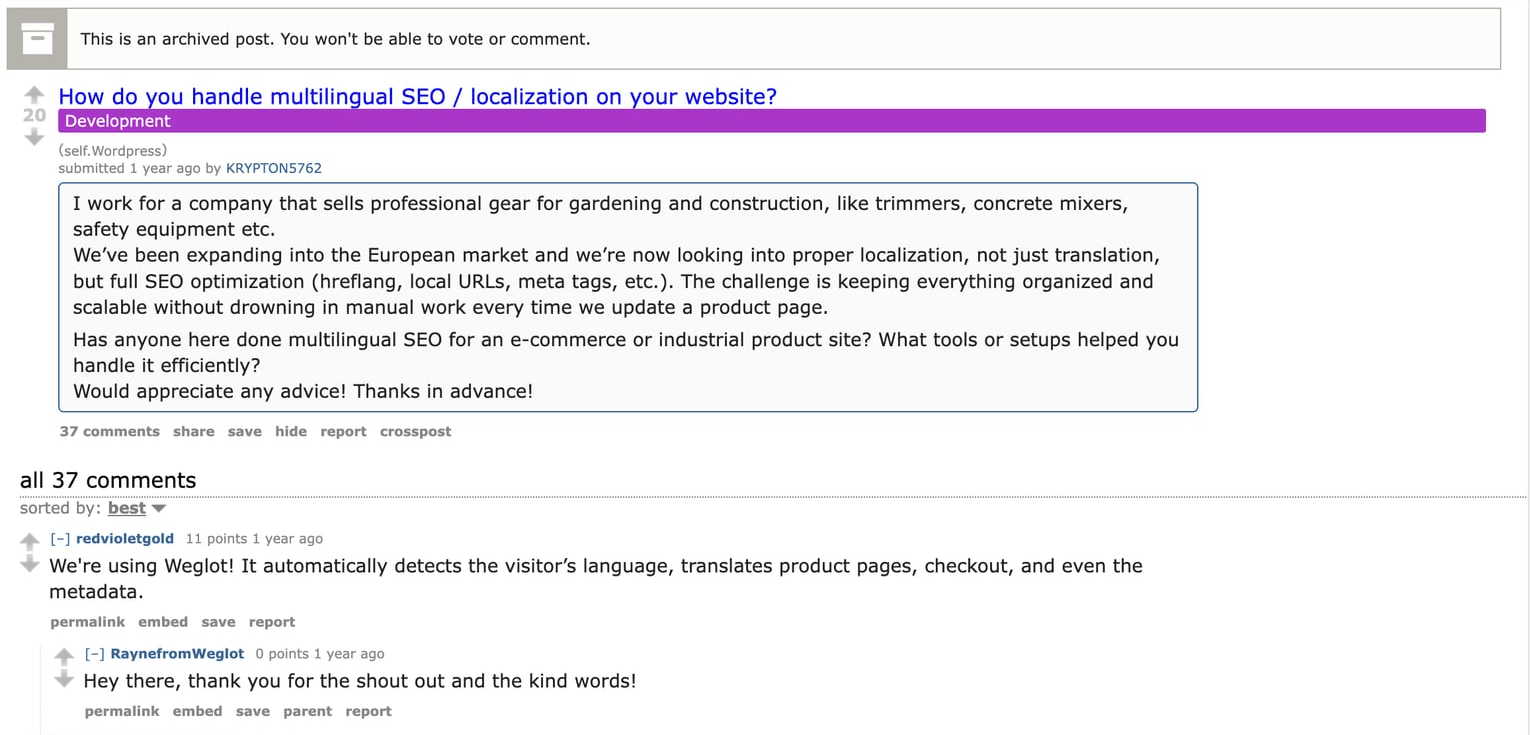 A multilingual SEO discussion about keeping hreflang, local URLs, metadata, and product page updates organized