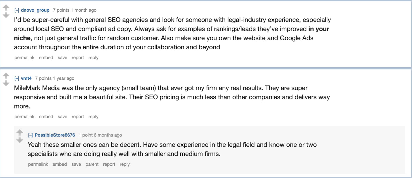 Law firm discussion about choosing SEO vendors based on legal-industry experience, niche proof, account ownership, and responsiveness
