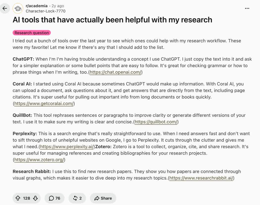 Academic researcher discussion comparing AI tools for understanding concepts, source-grounded answers, citations, and research mapping