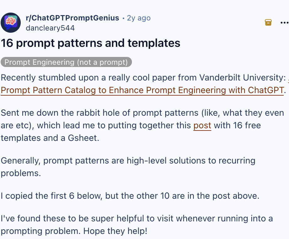 Prompt patterns discussion showing reusable template and persona structures for AI prompts