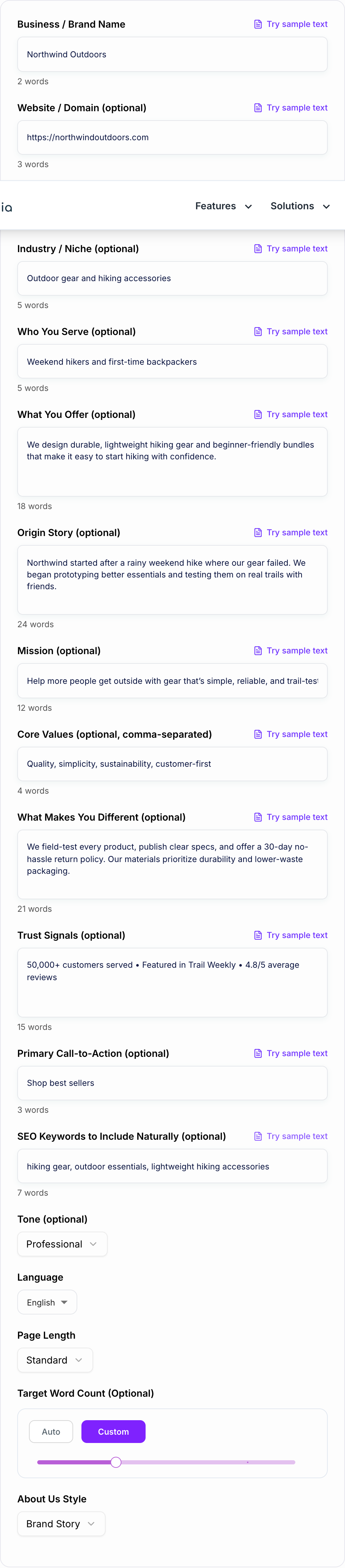 Screenshot of the AI About Us Page Generator form with company, customers, and proof filled in