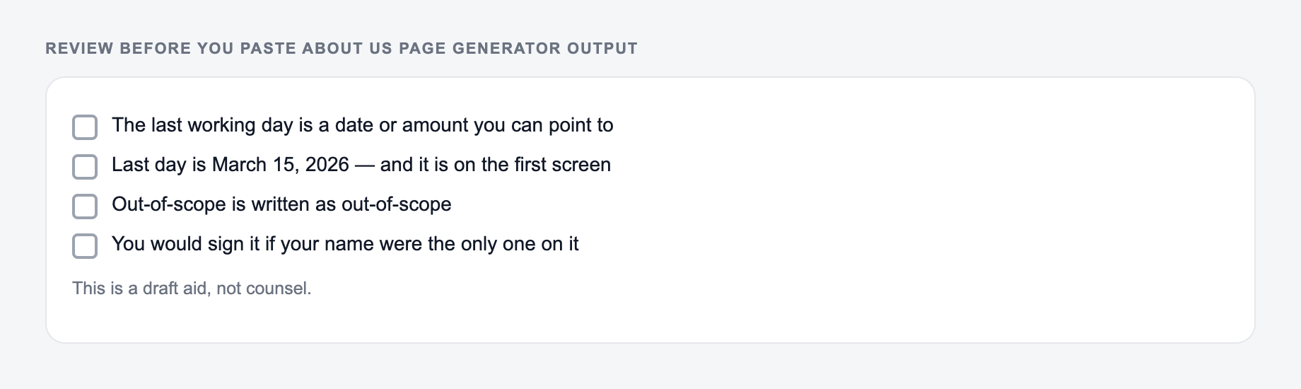 Screenshot of a four-item review checklist for About Us Page Generator output, covering what must stay true and what the draft is not allowed to invent
