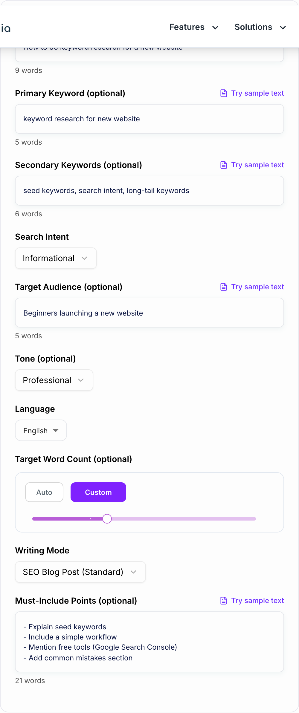Screenshot of the AI Blog Post Generator form