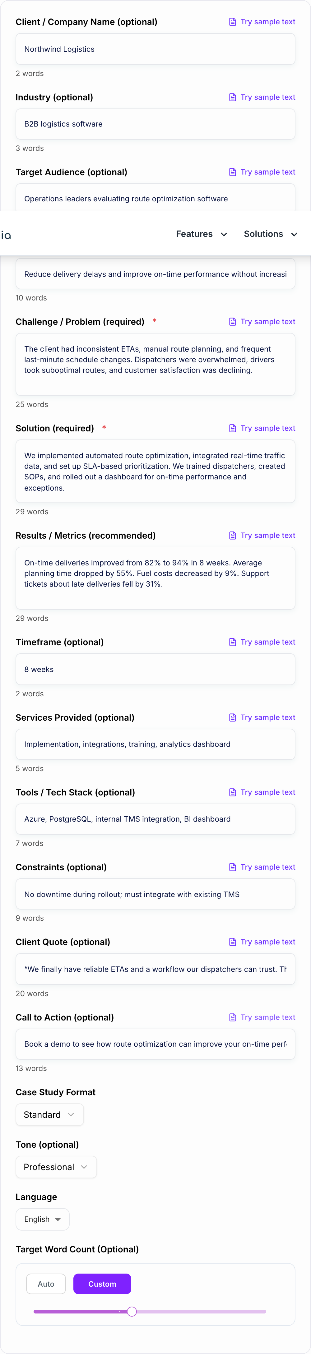 Screenshot of the AI Case Study Generator workspace