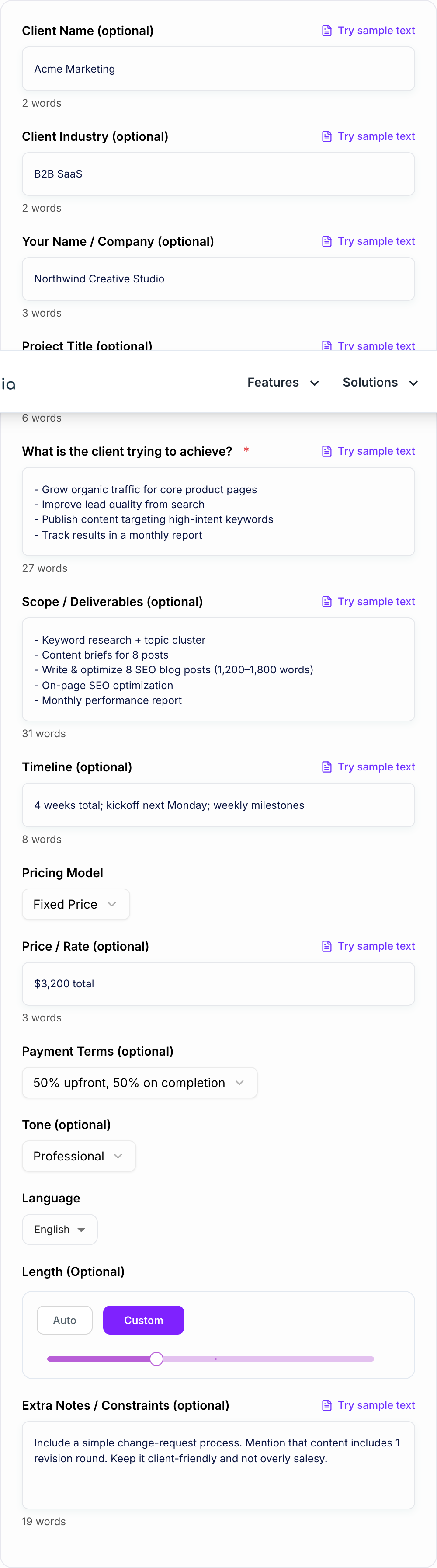 Screenshot of the AI Client Proposal Generator workspace
