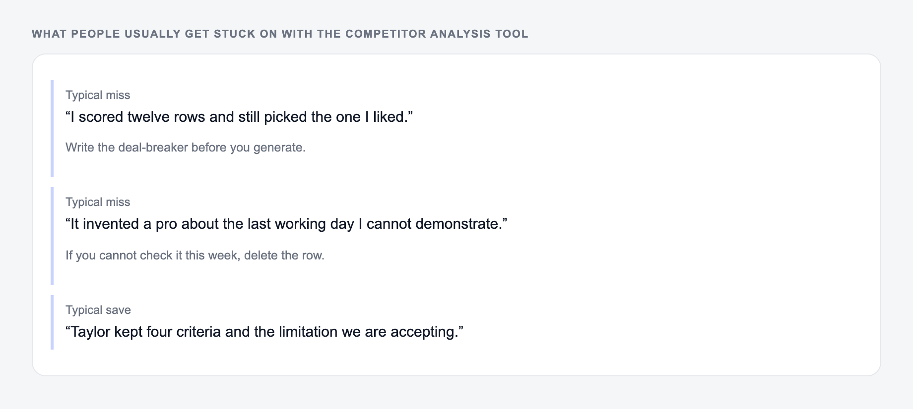Screenshot of three review notes about the Competitor Analysis Tool, including a complaint that the draft invented two weeks' notice and a save that locked March 15, 2026 and the manager's name