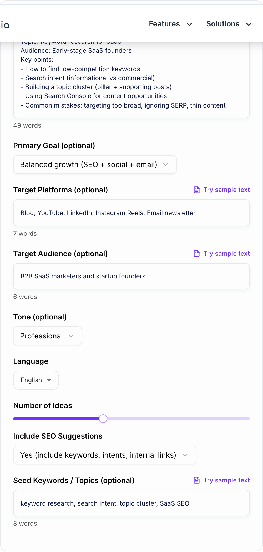 Screenshot of the AI Content Repurposing Ideas Generator form with source piece, channels, and audience filled in