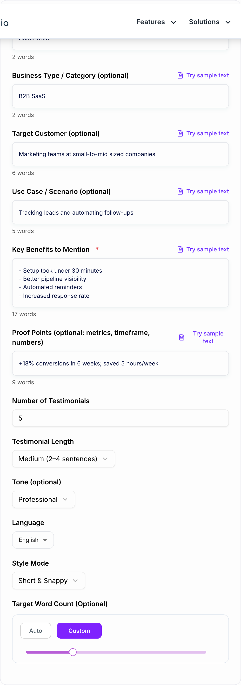 Screenshot of the AI Customer Testimonial Generator form with customer, result, and use case filled in