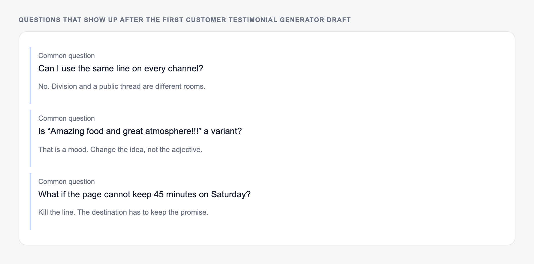 Screenshot of three common questions people ask after generating with the Customer Testimonial Generator, including what to lock (the dish names and the wait time) and when to stop