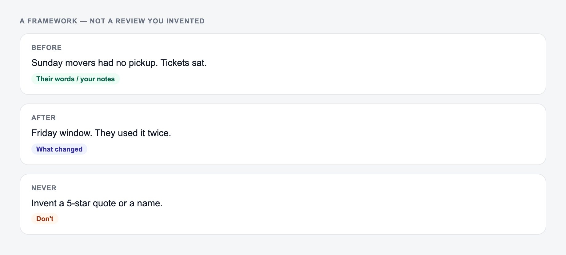 A testimonial framework — not a review you invented