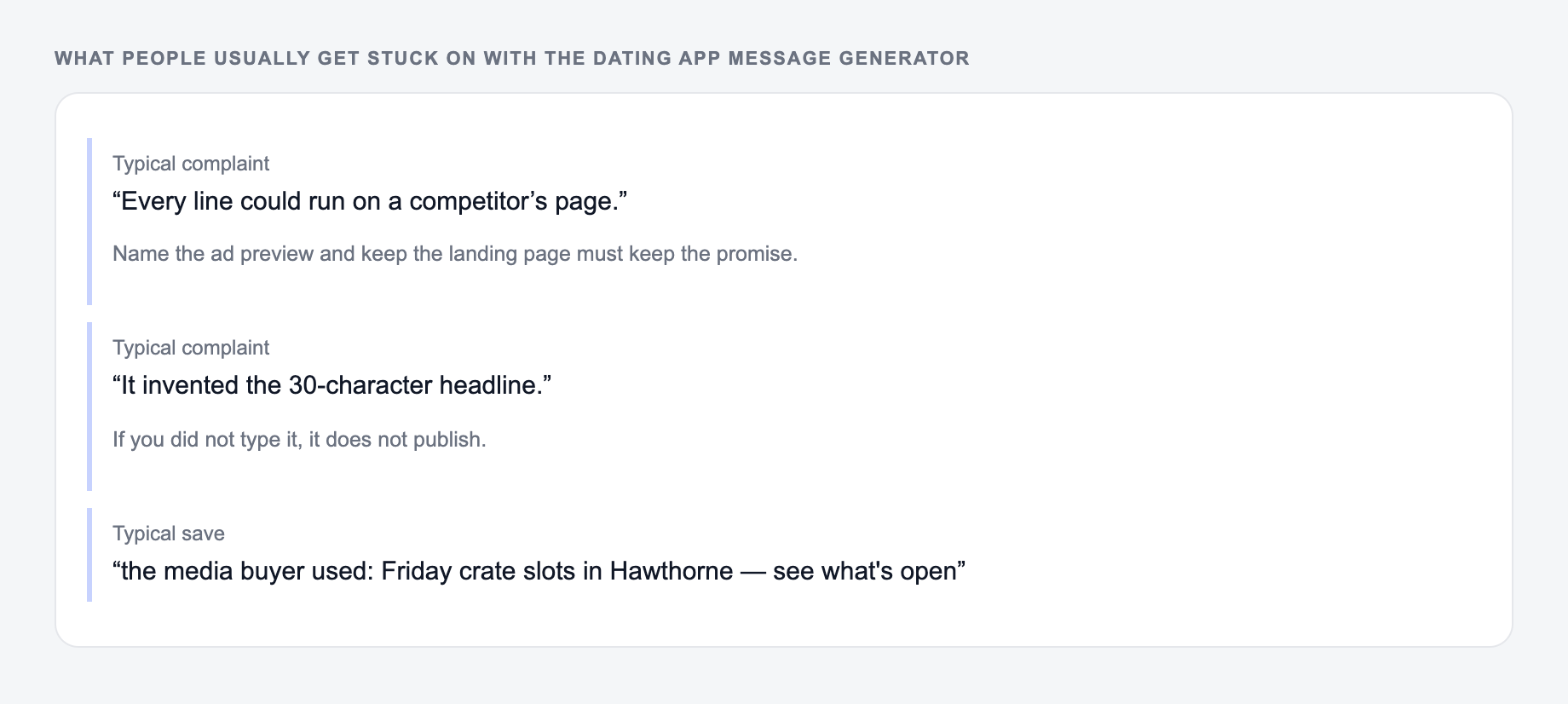 Screenshot of three review notes about the Dating App Message Generator