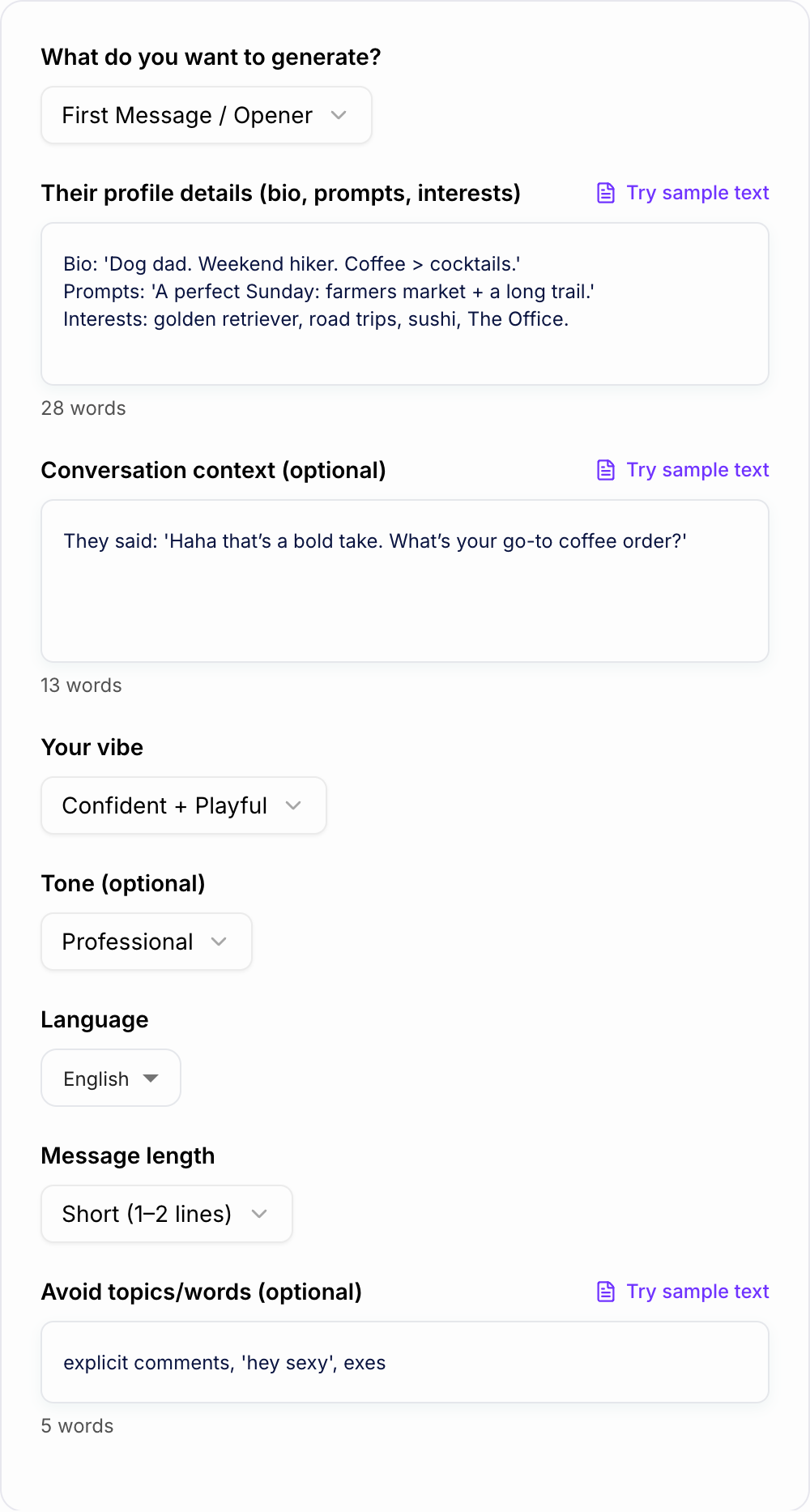 Screenshot of the AI Dating App Message Generator workspace