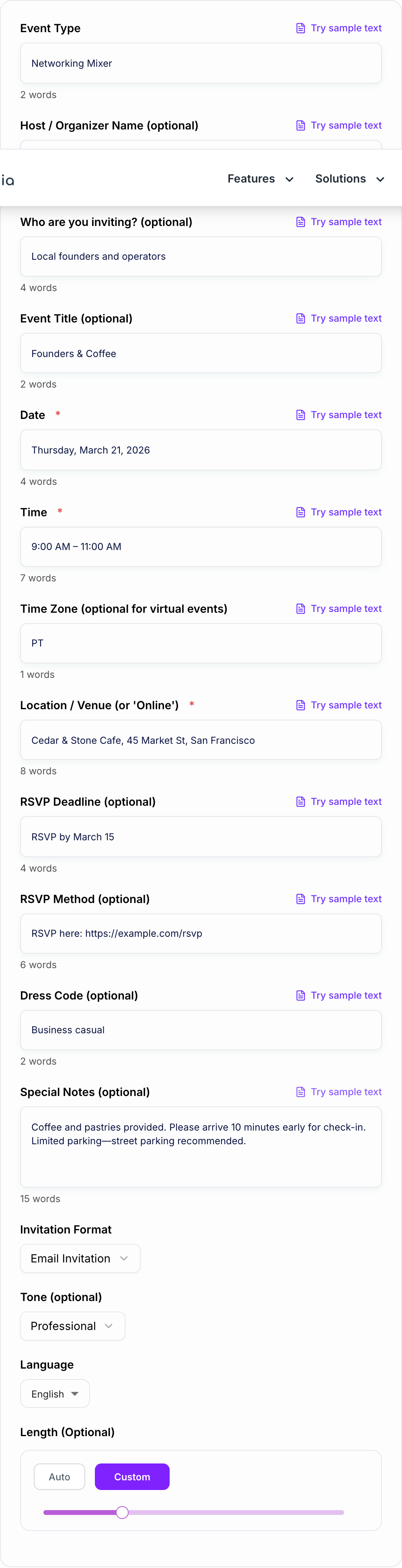 Screenshot of the AI Event Invitation Generator form