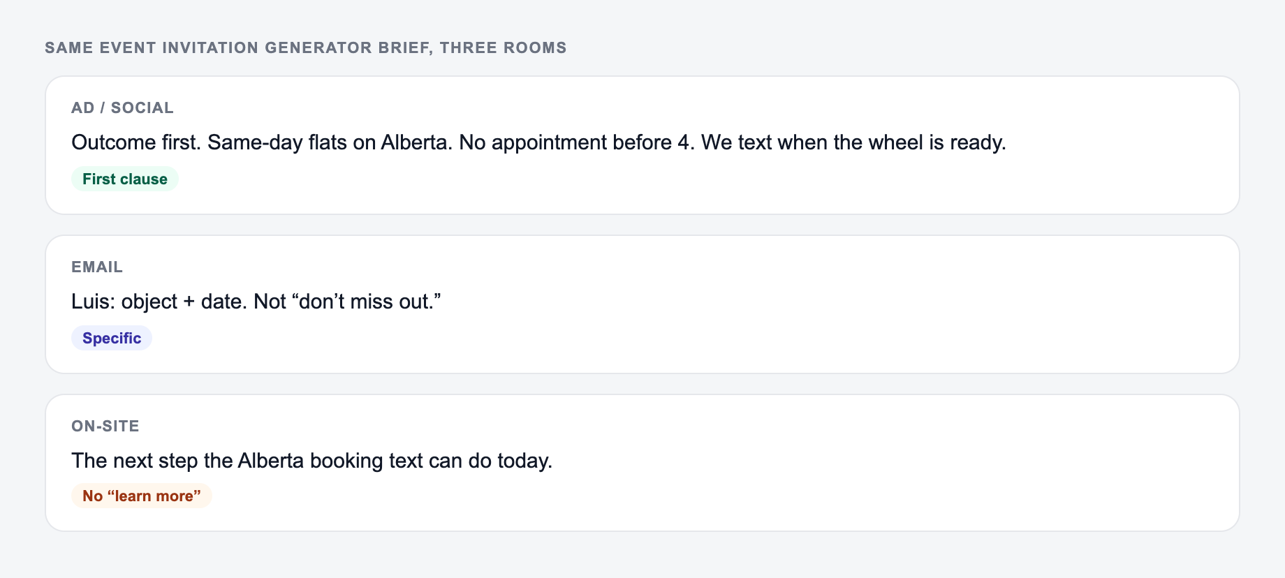 Screenshot of three use-case cards for the Event Invitation Generator showing how the same brief should change across rooms, including Alberta Street