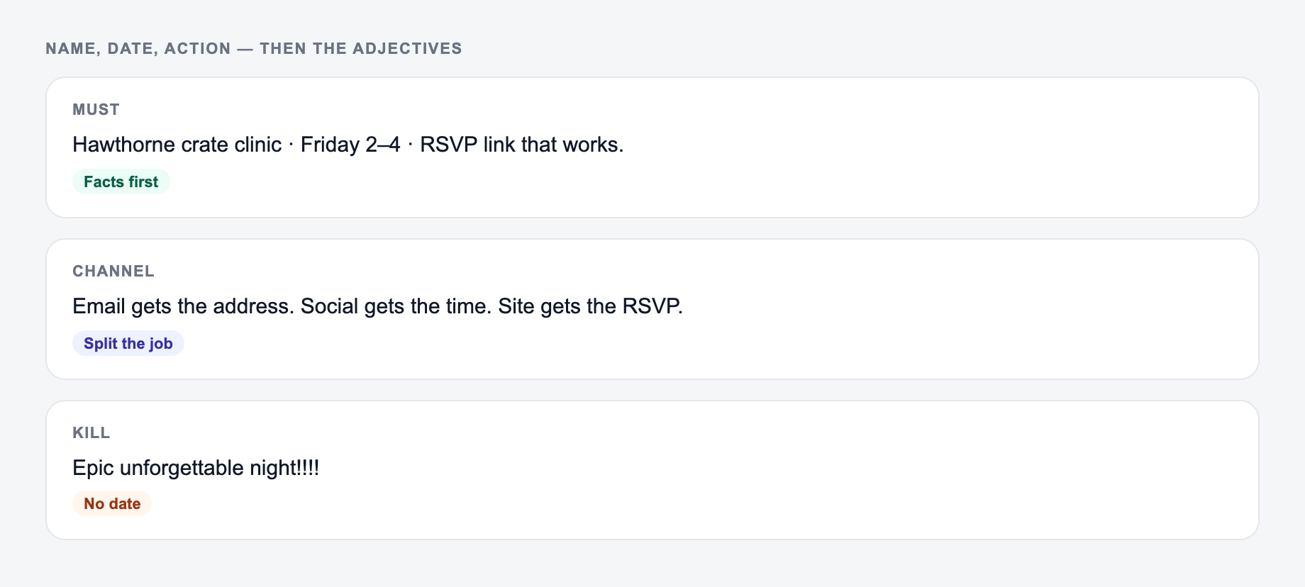 Name, date, action — then the adjectives