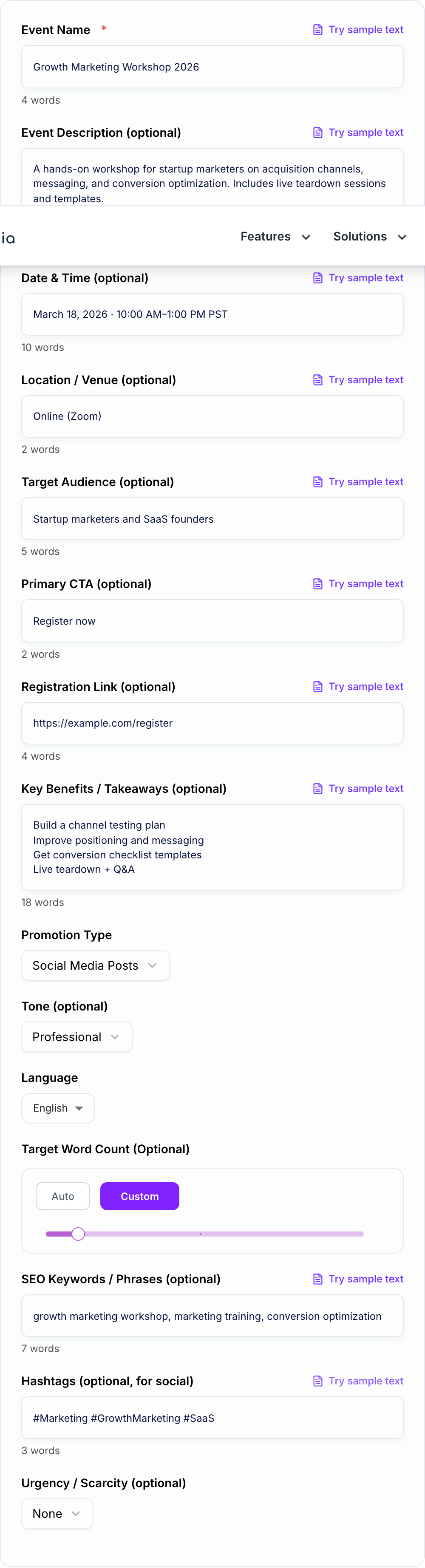Screenshot of the AI Event Promotion Generator workspace