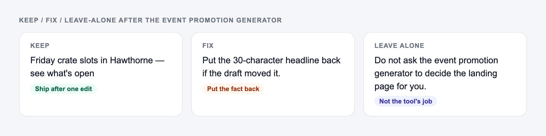 Screenshot of a keep / fix / leave-alone guide for the Event Promotion Generator: keep the line that names headline 1, put the 30-character headline back, and do not outsource the landing page