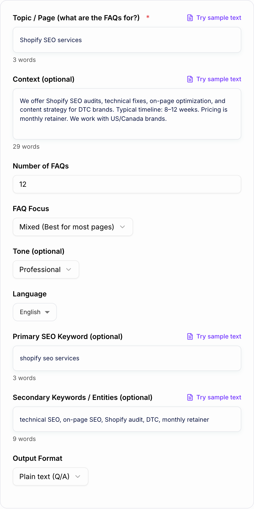 Screenshot of the AI FAQ Generator workspace