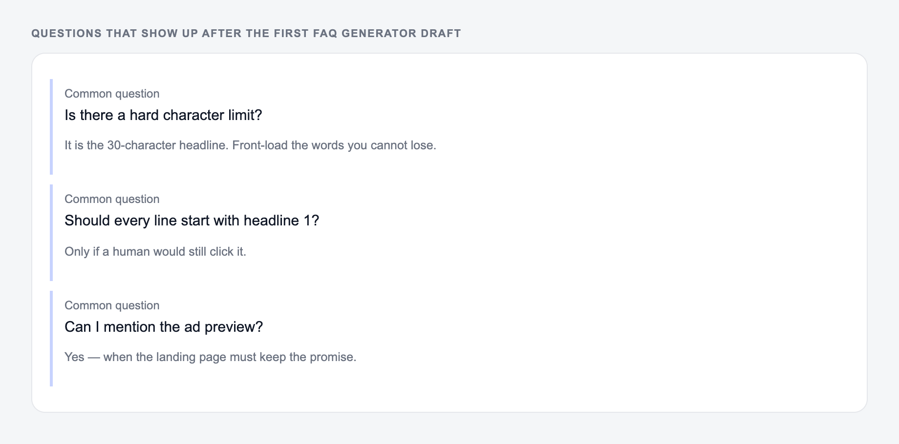 Screenshot of three common questions people ask after generating with the FAQ Generator, including what to lock (Hawthorne and Friday) and when to stop
