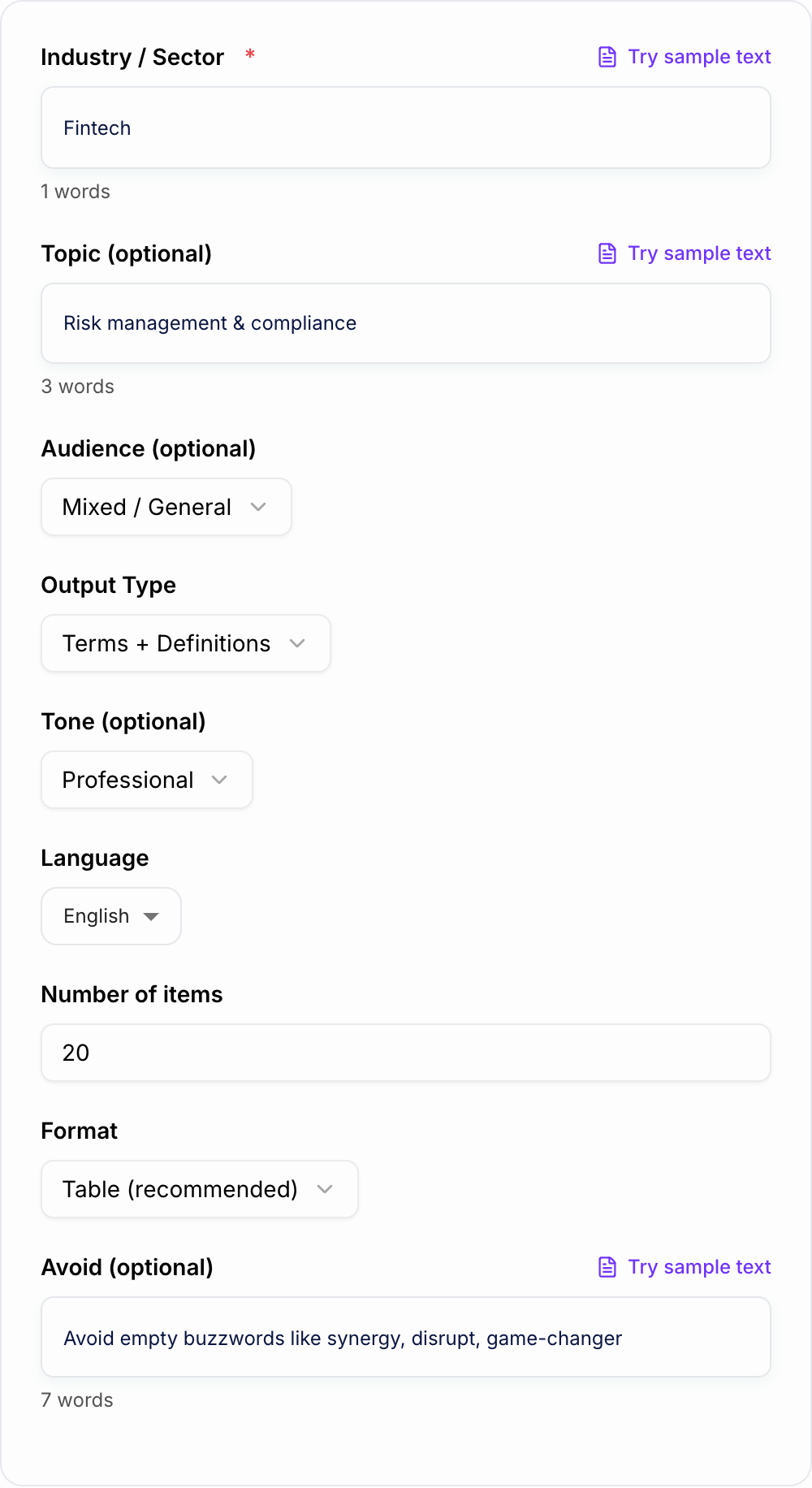 Screenshot of the AI Industry Jargon Generator form with industry, audience, and density filled in