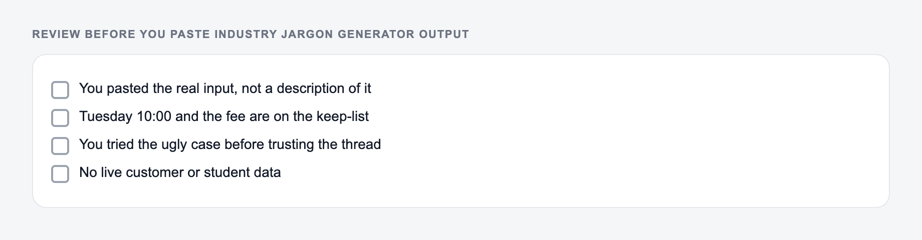 Screenshot of a four-item review checklist for Industry Jargon Generator output, covering what must stay true and what the draft is not allowed to invent