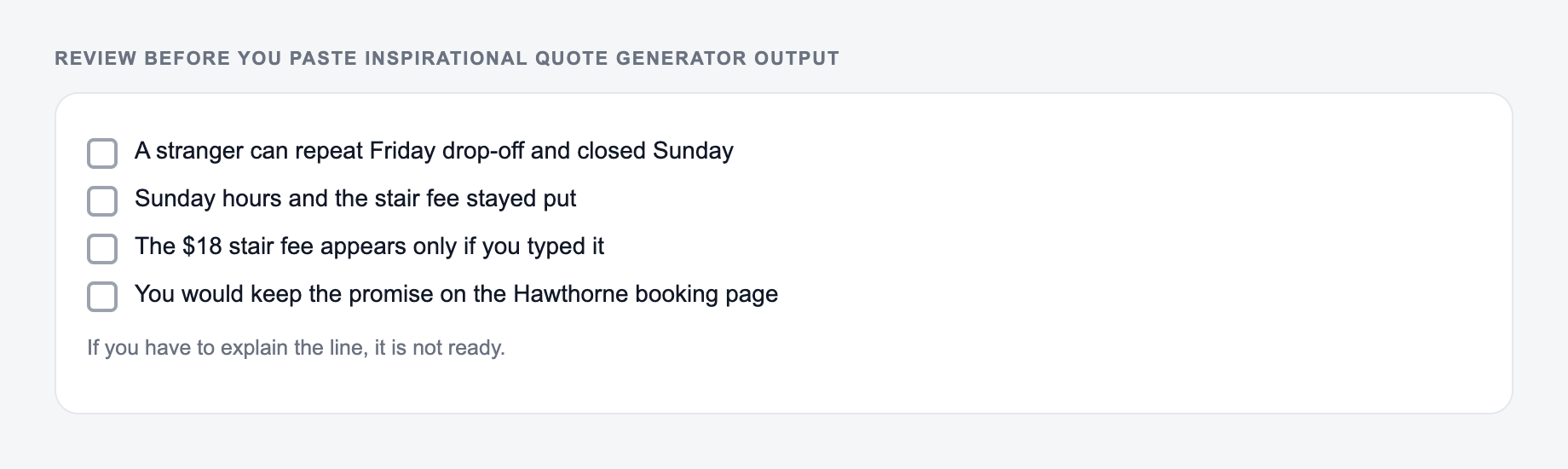 Screenshot of a four-item review checklist for Inspirational Quote Generator output, covering what must stay true and what the draft is not allowed to invent