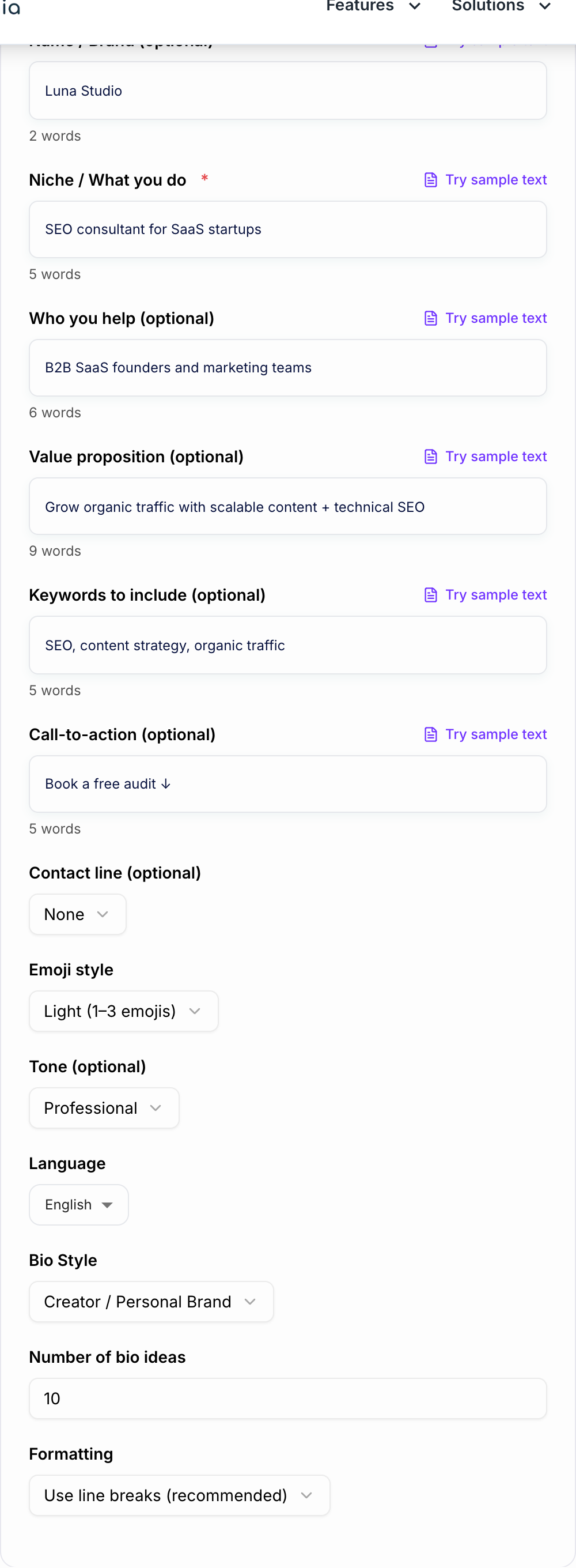 Screenshot of the AI Instagram Bio Generator form with who you help, proof, and a CTA filled in