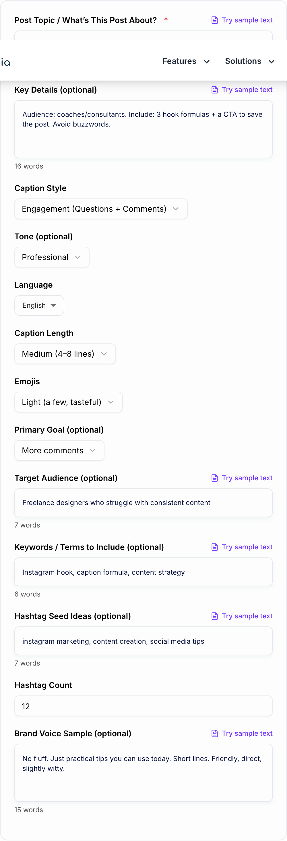 Screenshot of the AI Instagram Post Generator form