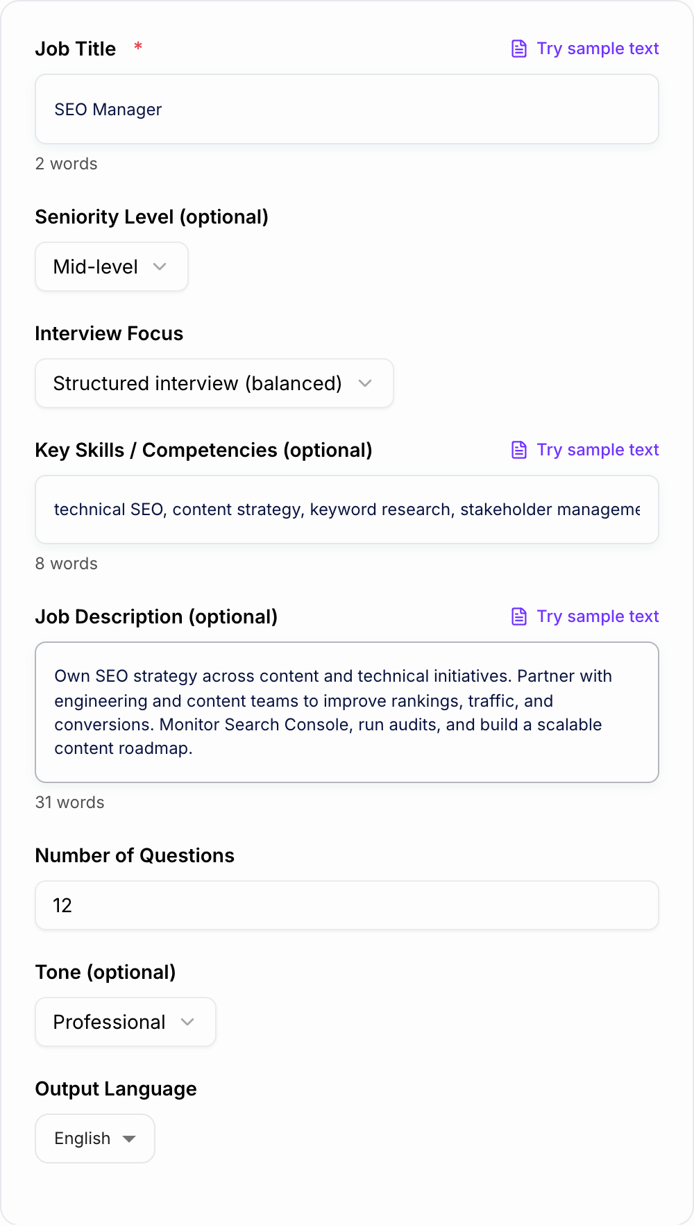 Screenshot of the AI Interview Question Generator form