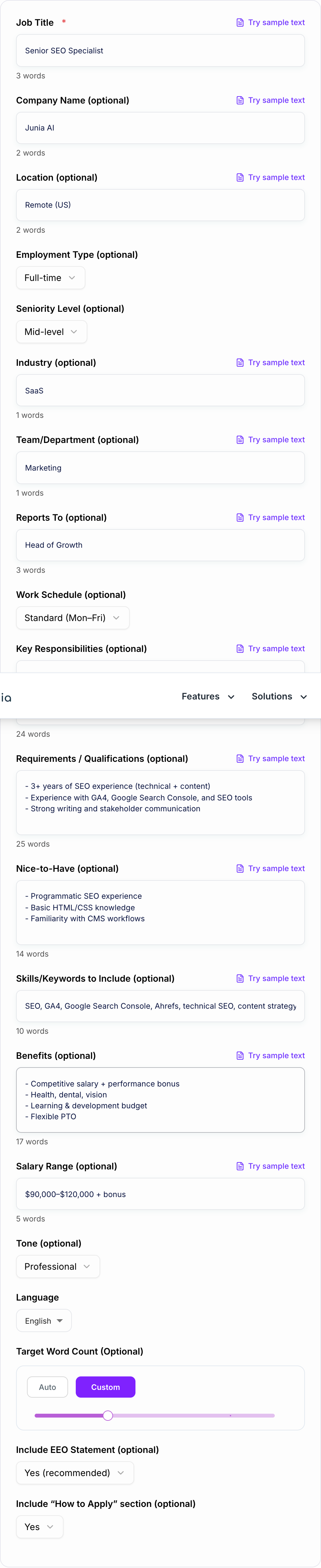 Screenshot of the AI Job Description Generator workspace