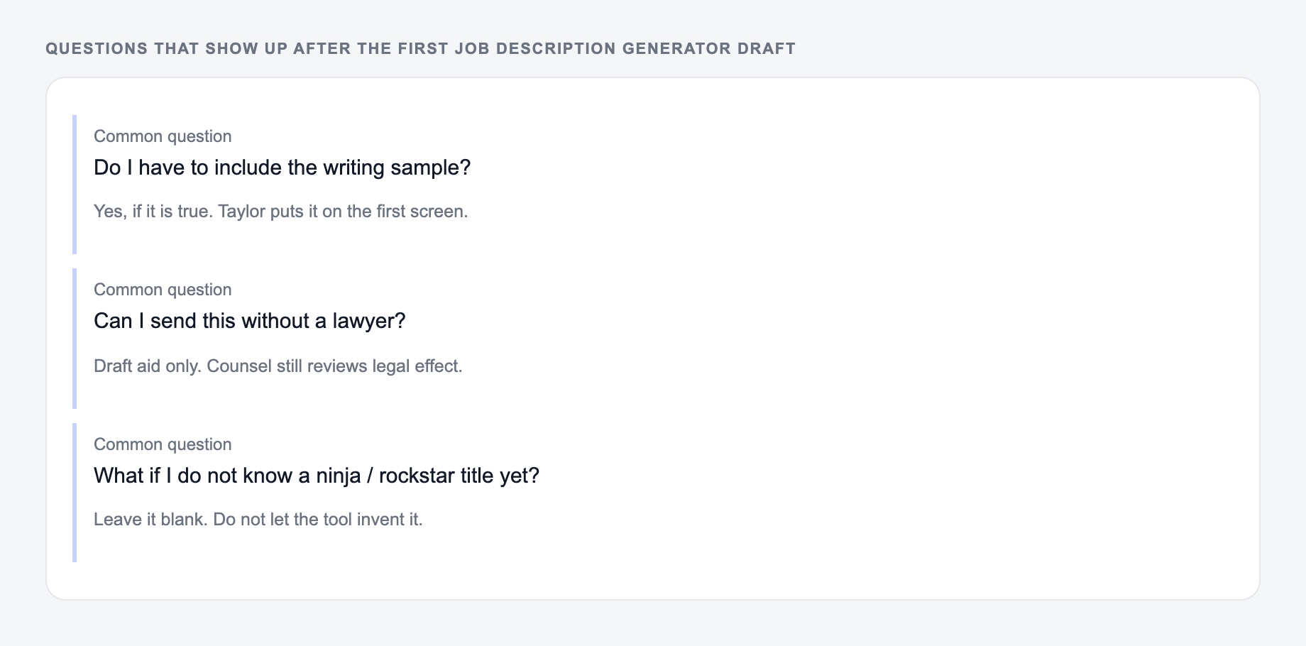 Screenshot of three common questions people ask after generating with the Job Description Generator, including what to lock (the Friday ship and the sample) and when to stop