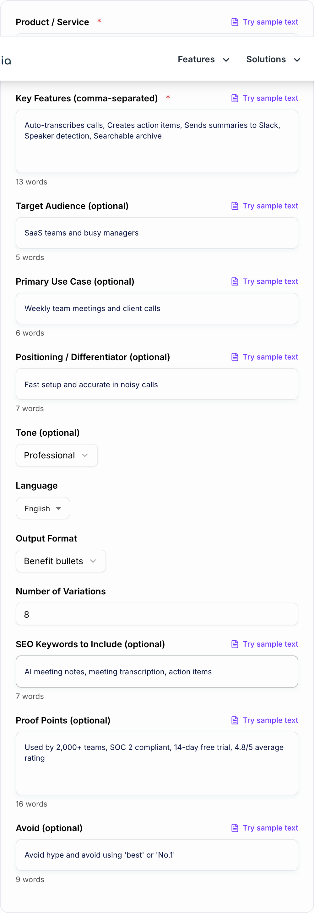 Screenshot of the AI Marketing Benefit Statement Generator form
