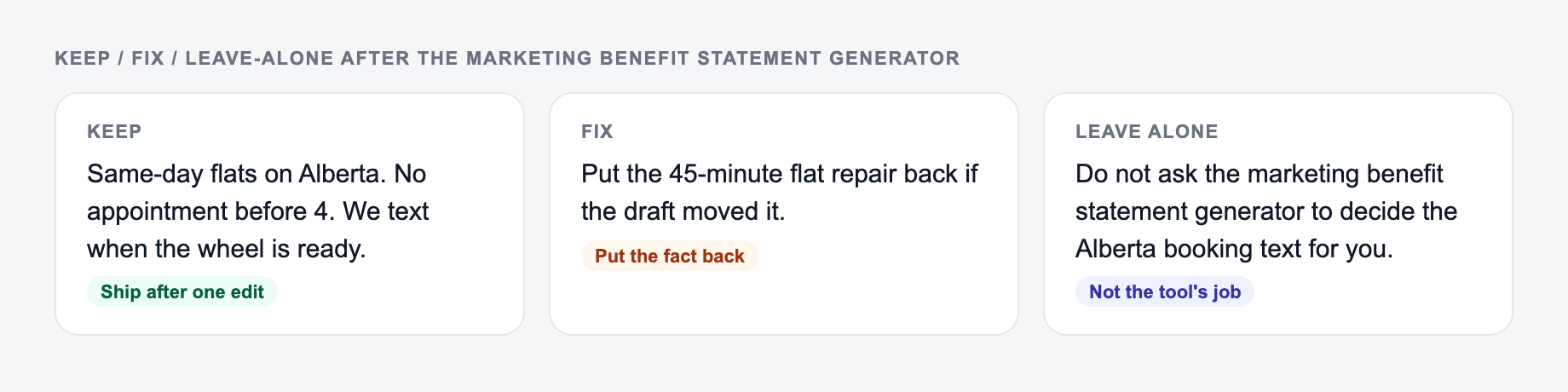 Screenshot of a keep / fix / leave-alone guide for the Marketing Benefit Statement Generator: keep the line that names same-day bike repair, put the 45-minute flat repair back, and do not outsource the Alberta booking text