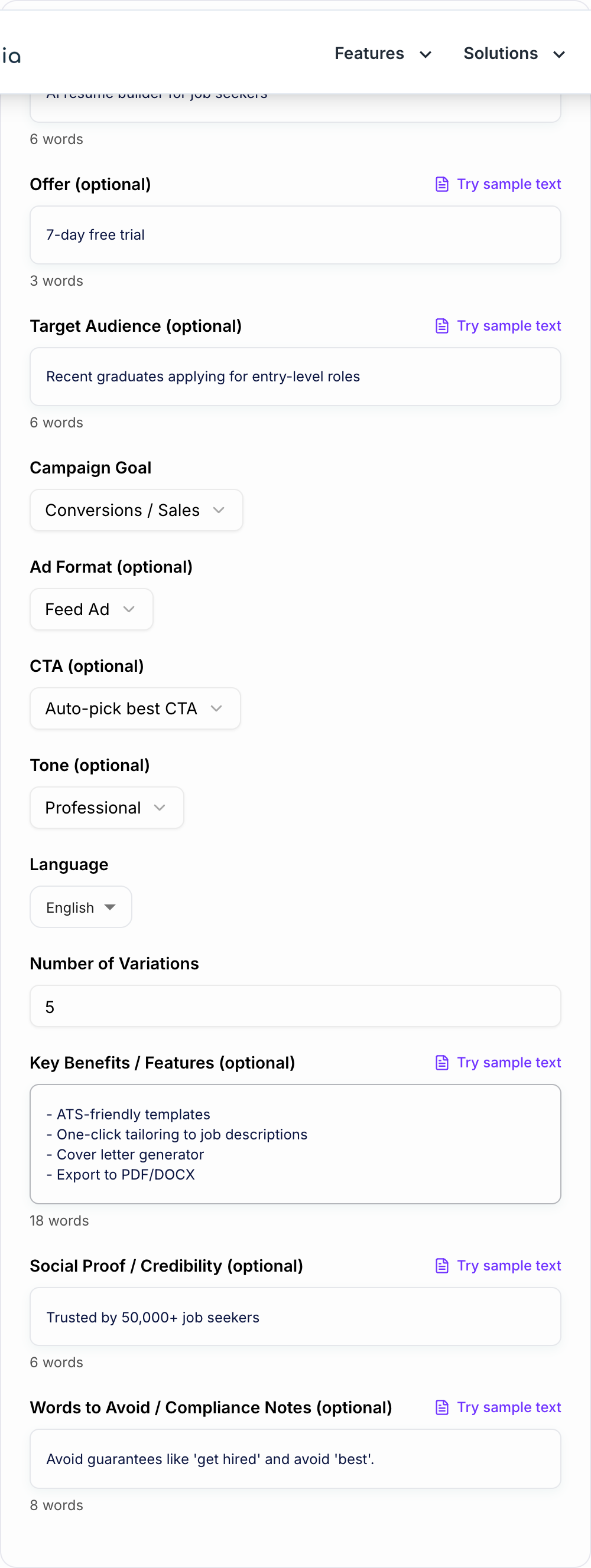 Screenshot of the AI Meta Ads Copy Generator workspace