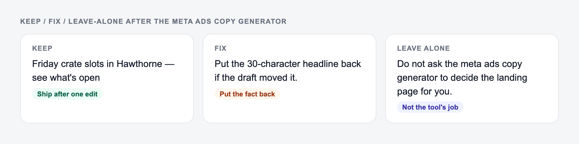 Screenshot of a keep / fix / leave-alone guide for the Meta Ads Copy Generator: keep the line that names headline 1, put the 30-character headline back, and do not outsource the landing page