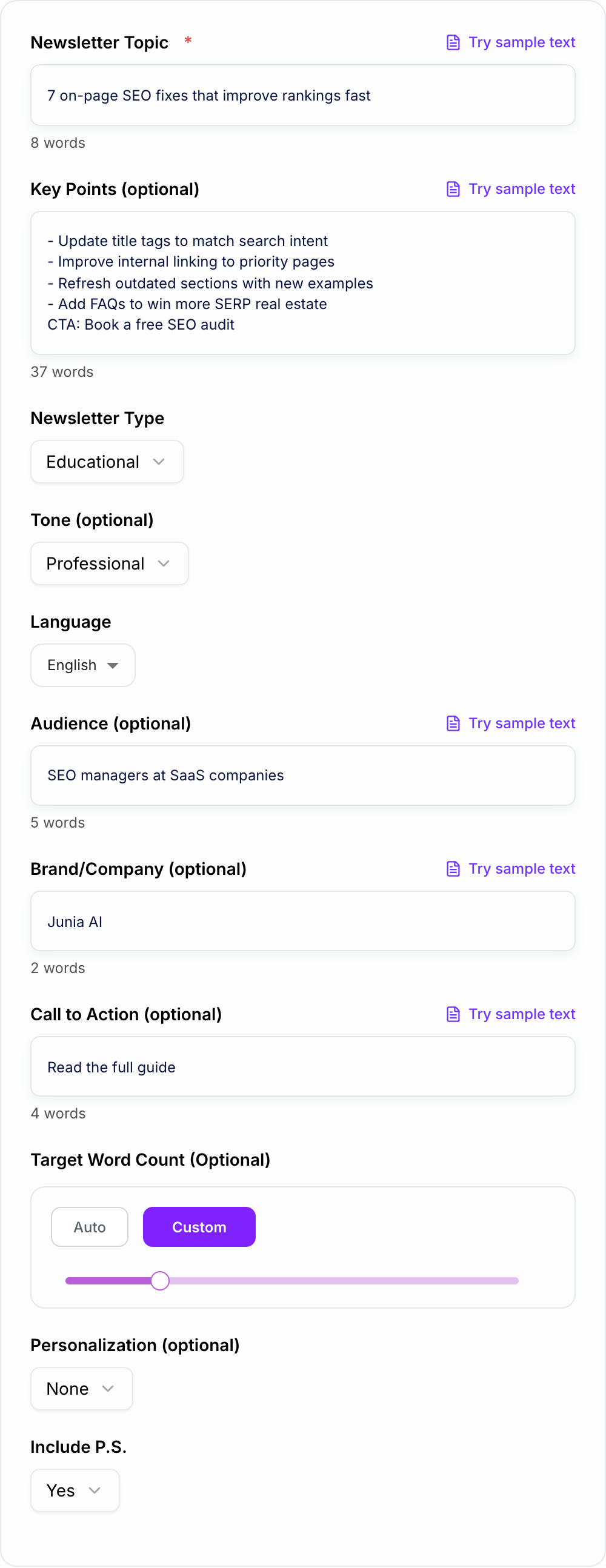 Screenshot of the AI Email Newsletter Generator form with topic, audience, and newsletter type filled in