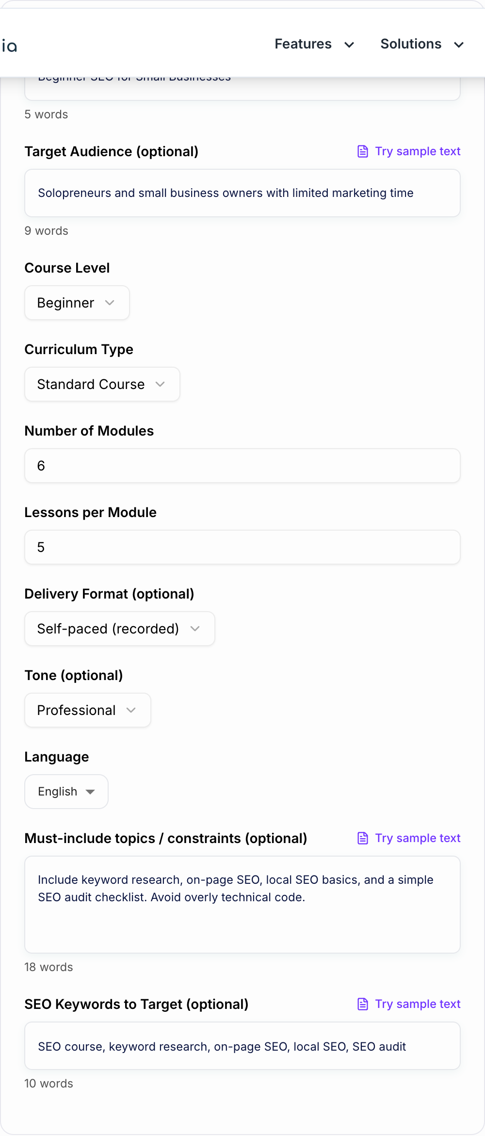Screenshot of the AI Online Course Curriculum Generator form