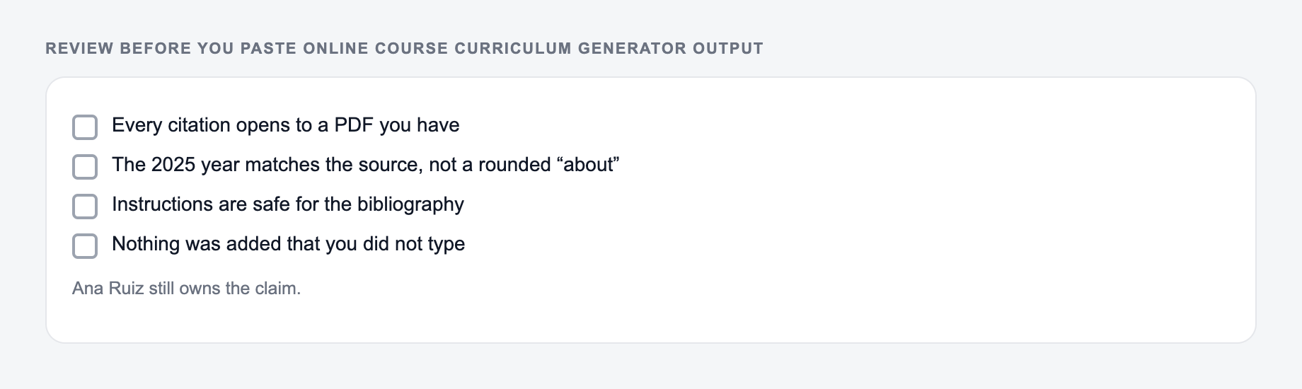 Screenshot of a four-item review checklist for Online Course Curriculum Generator output, covering what must stay true and what the draft is not allowed to invent