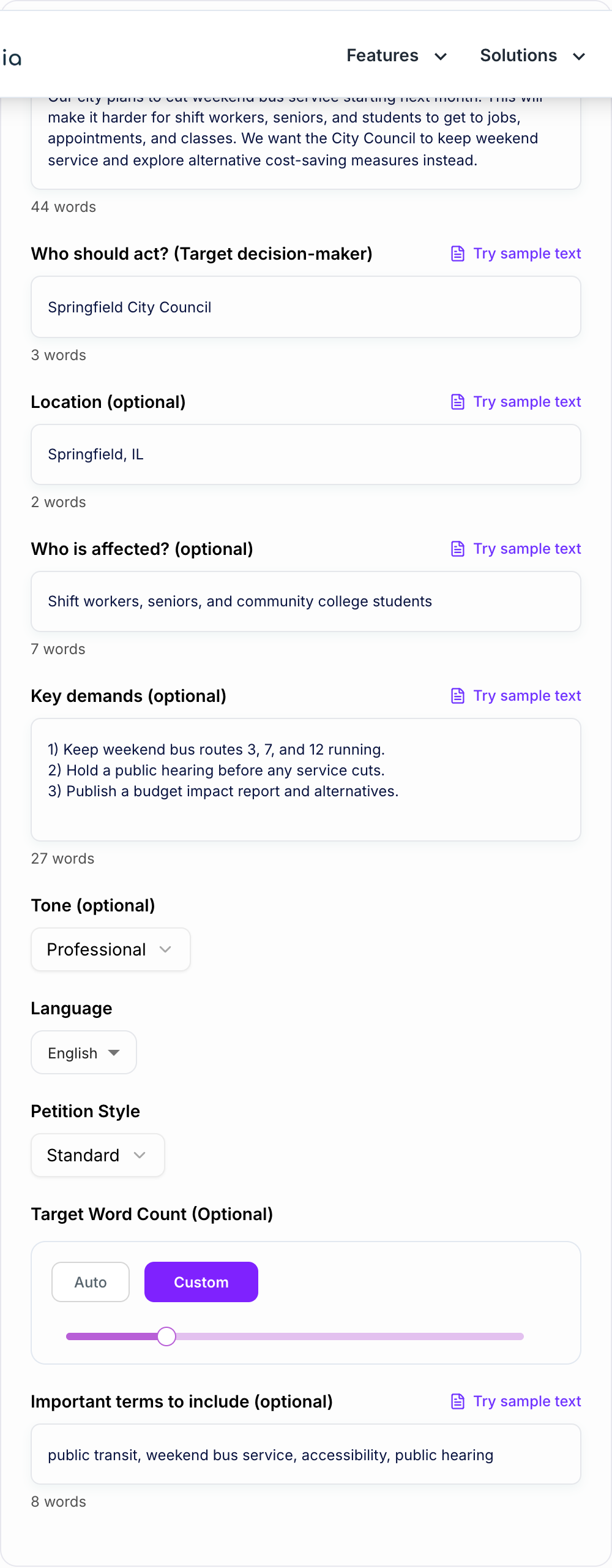 Screenshot of the AI Online Petition Text Generator form with the demand, audience, and why-now filled in
