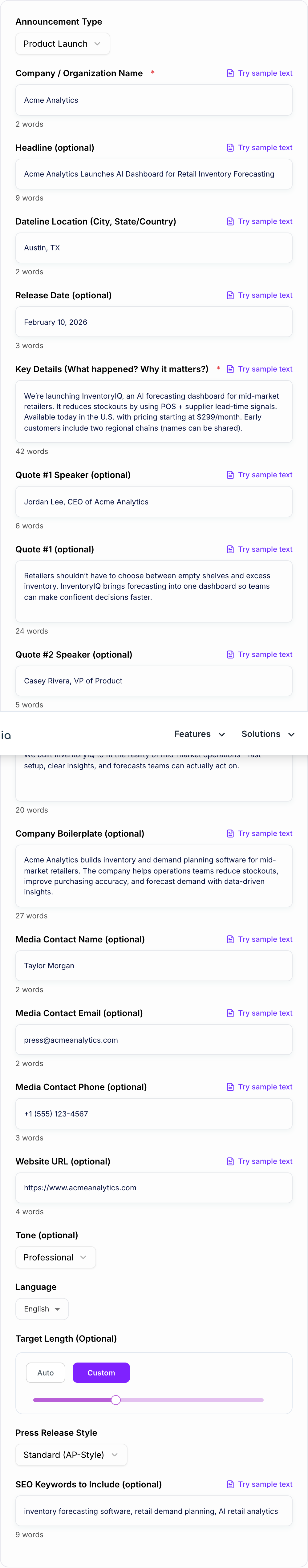 Screenshot of the AI Press Release Generator form